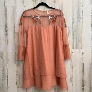 True Destine Women's Large Embroidered Mesh Dress Bell Sleeve